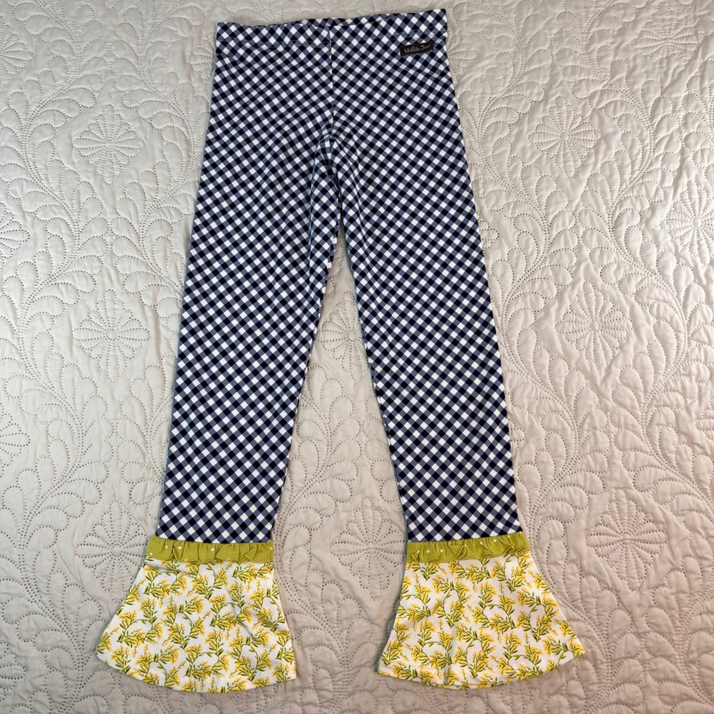 Matilda Jane Girls Navy Gingham Floral Ruffle Bell Bottom Leggings Size 10